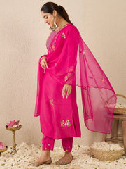 Pink Embroidered Straight Kurta Trousers With Dupatta Set