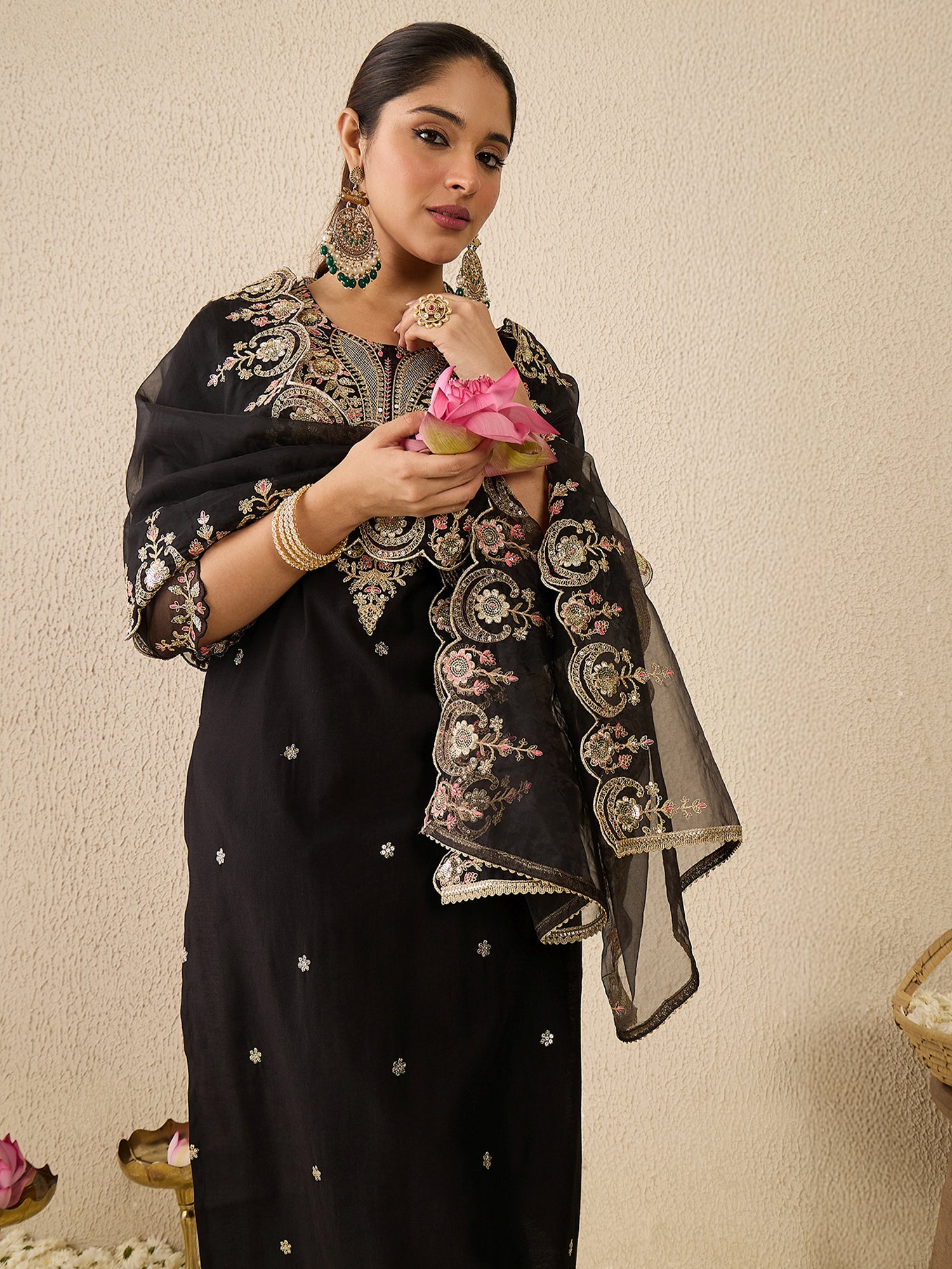 Black Embroidered Straight Kurta Trousers With Dupatta Set