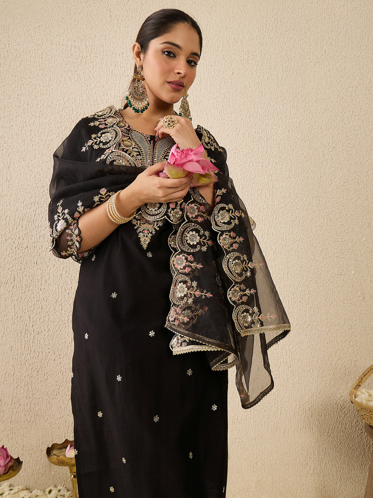 Black Embroidered Straight Kurta Trousers With Dupatta Set