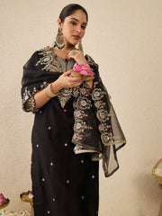 Black Embroidered Straight Kurta Trousers With Dupatta Set