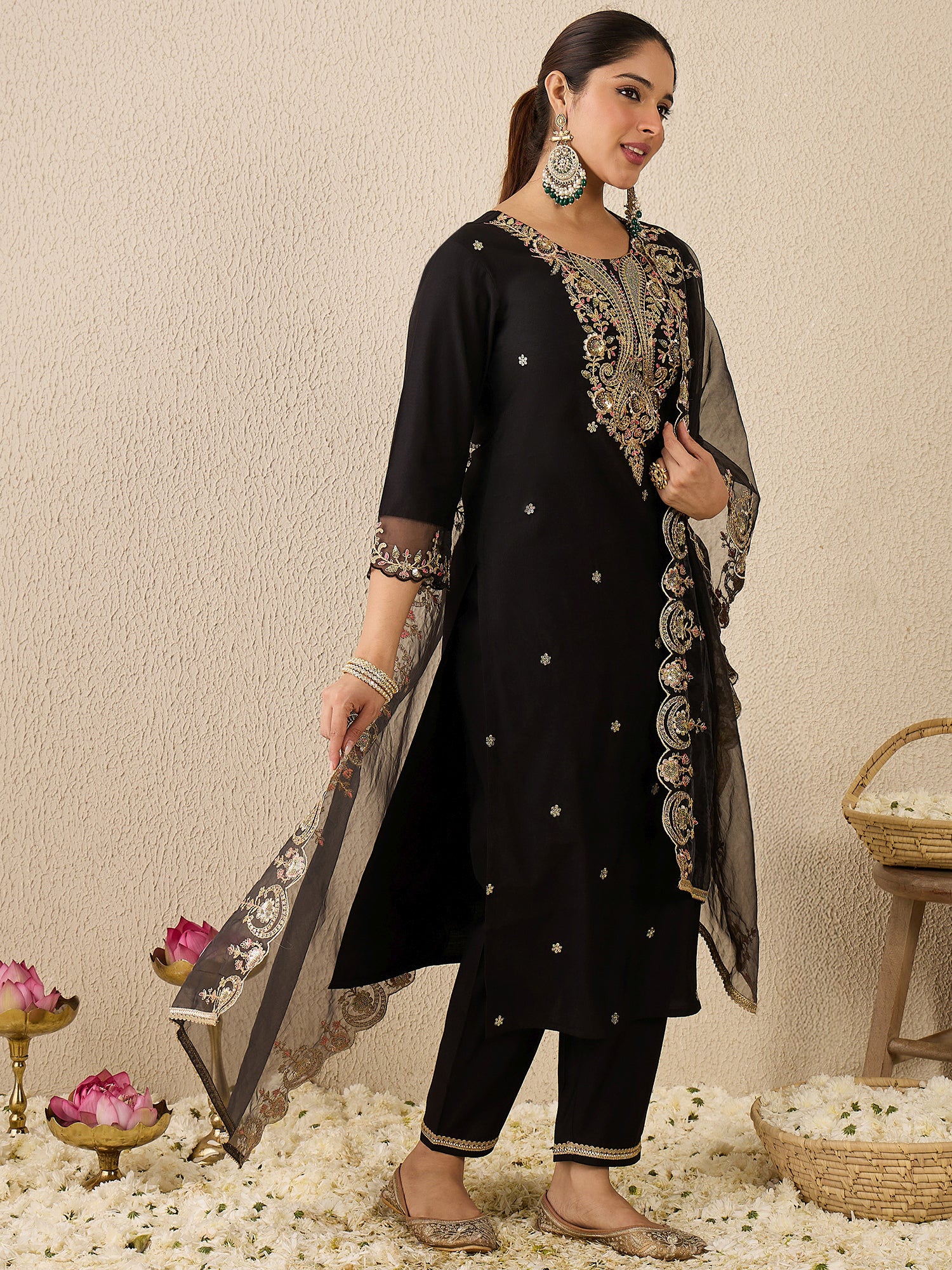 Black Embroidered Straight Kurta Trousers With Dupatta Set