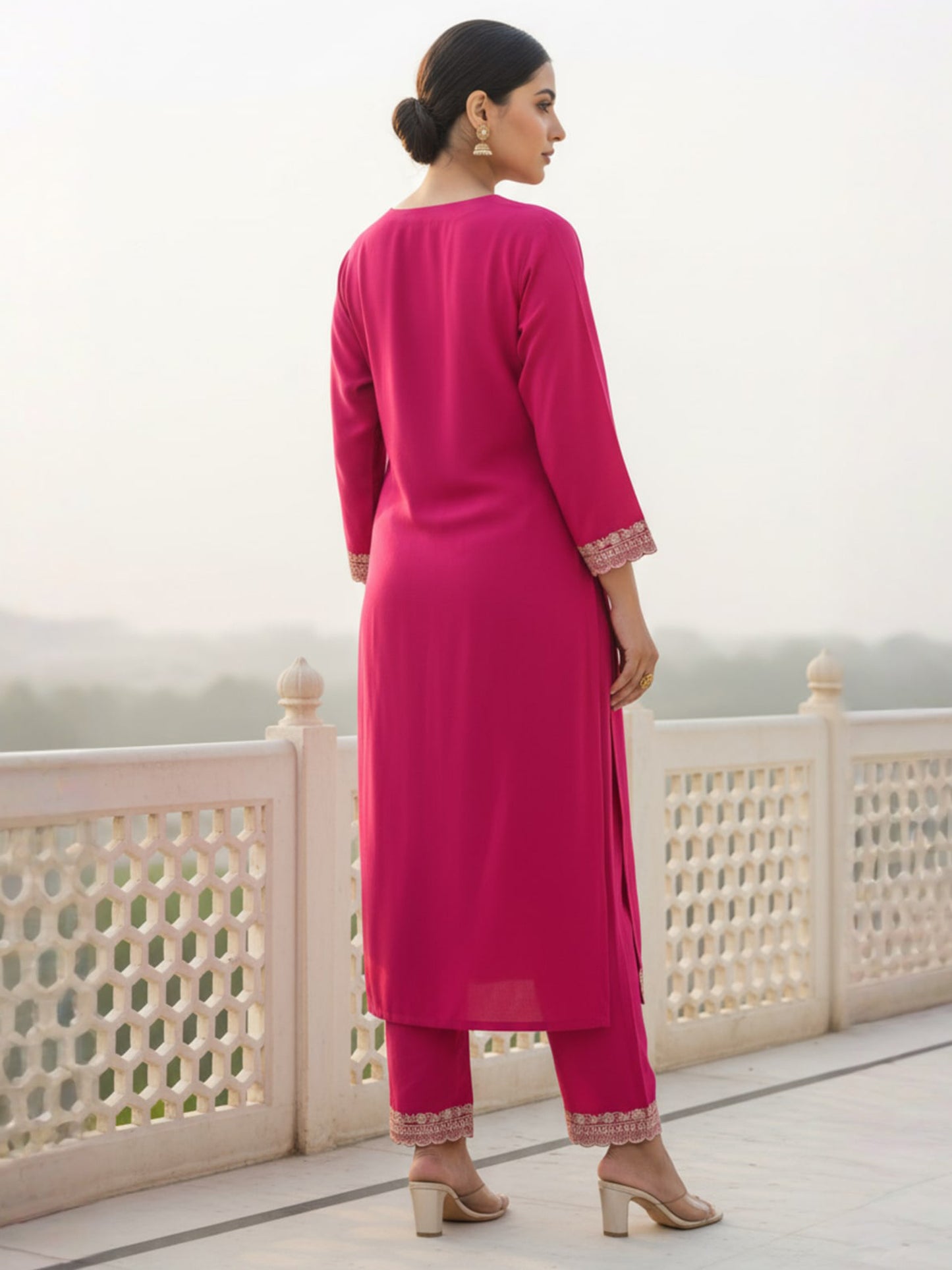Pink Embroidered Straight Kurta Trousers Set