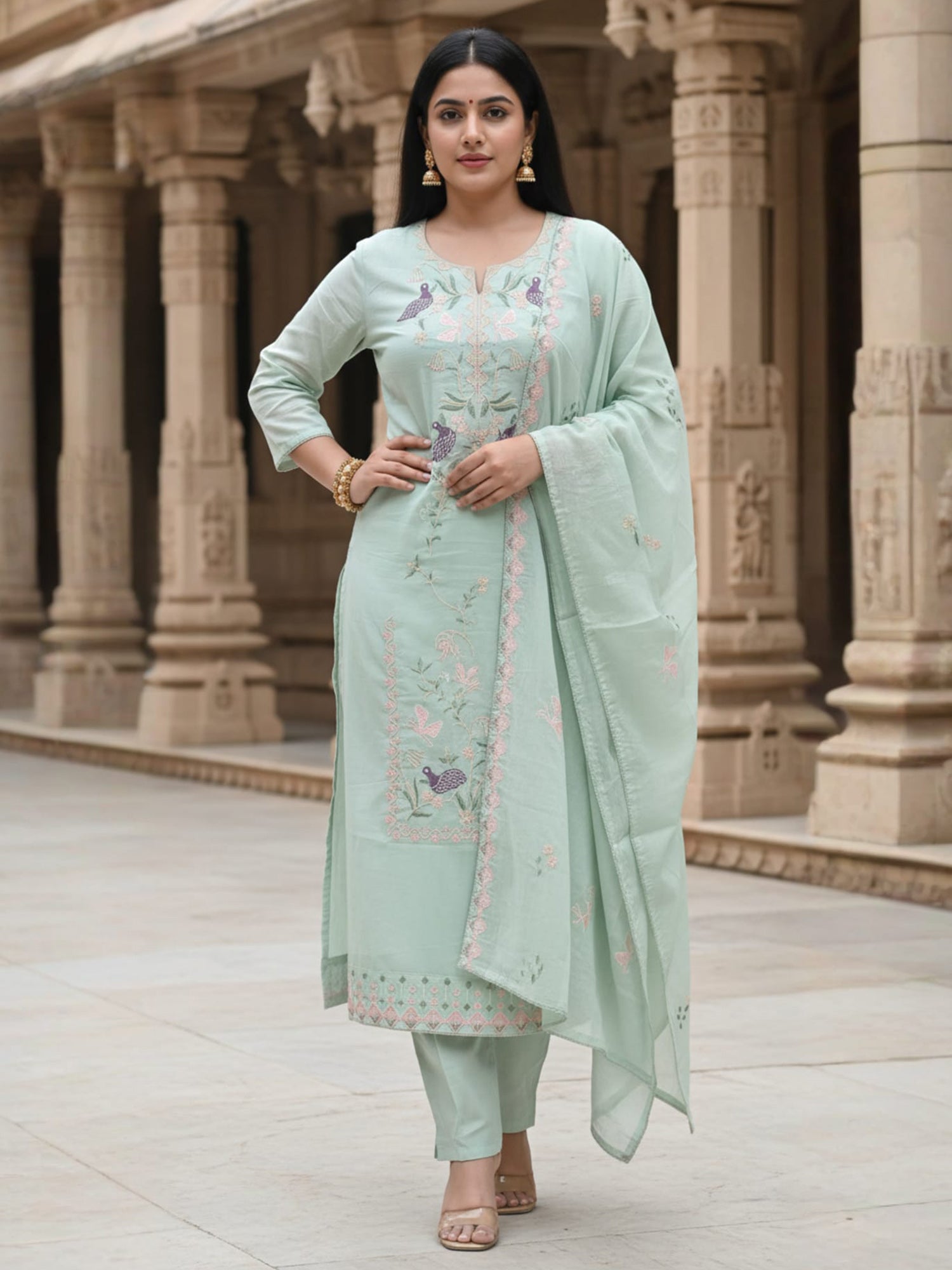 Green Embroidered Straight Kurta Trousers With Dupatta Set