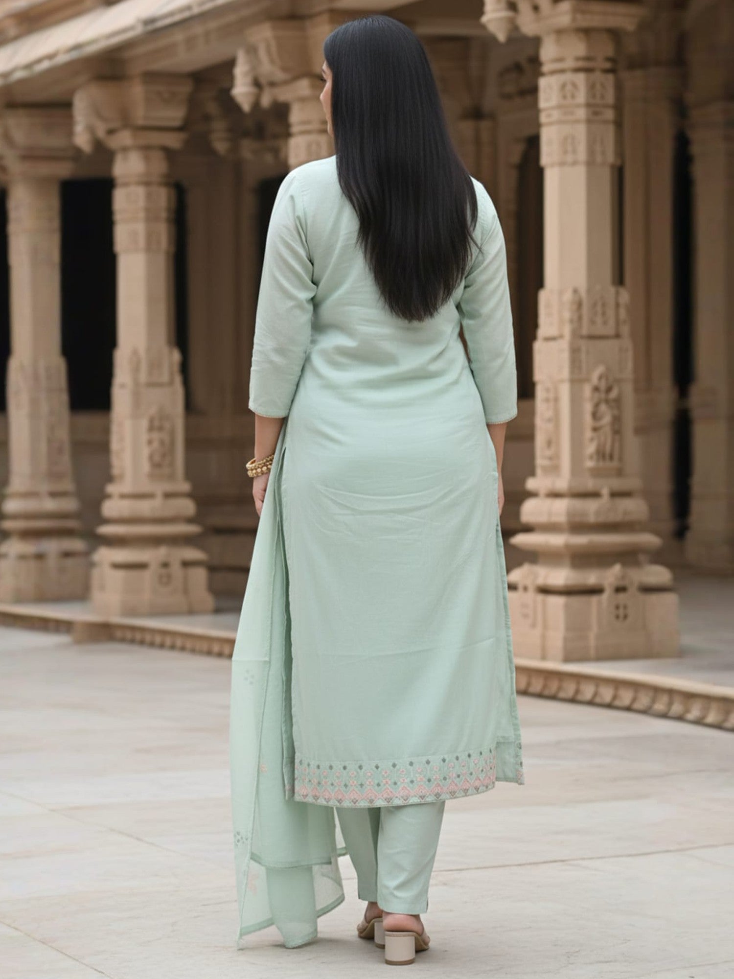 Green Embroidered Straight Kurta Trousers With Dupatta Set