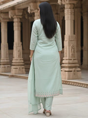 Green Embroidered Straight Kurta Trousers With Dupatta Set