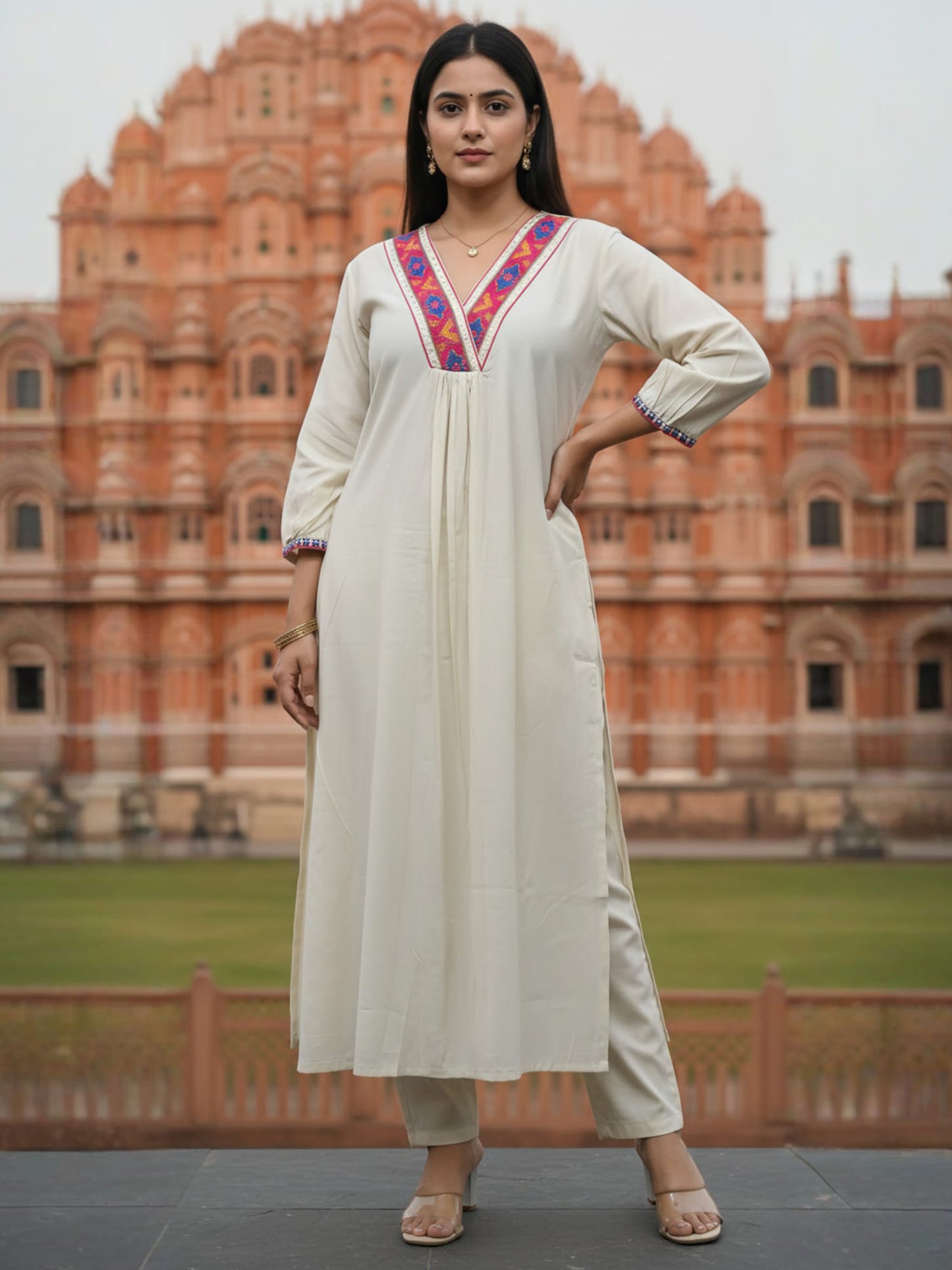 Off White Embroidered A-Line Kurta Trousers Set