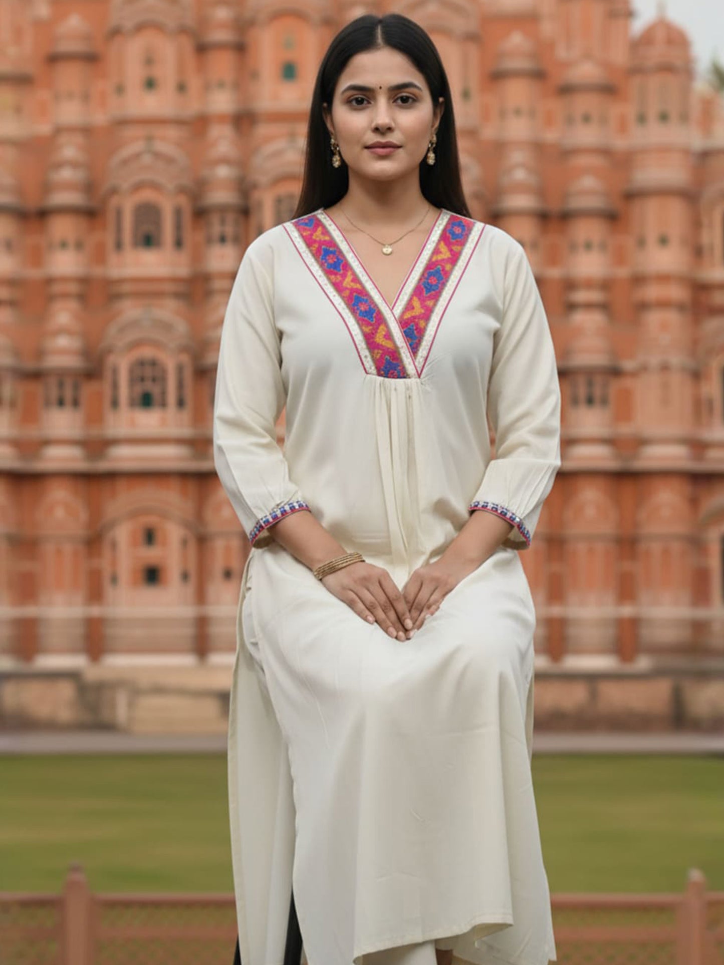 Off White Embroidered A-Line Kurta Trousers Set