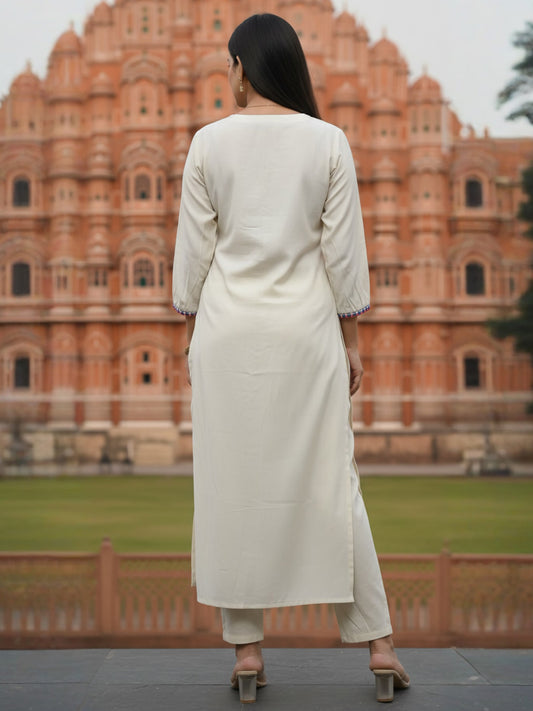 Indo Era Off White Embroidered A-Line Kurta Trousers Set