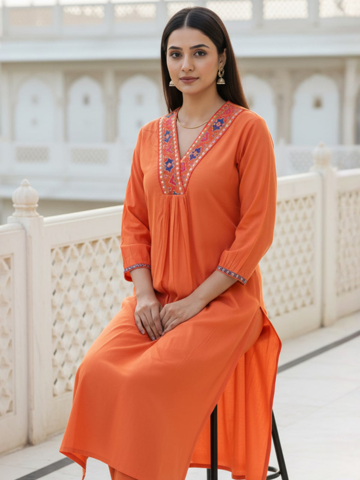 Indo Era Orange Embroidered Straight Kurta Trousers Set