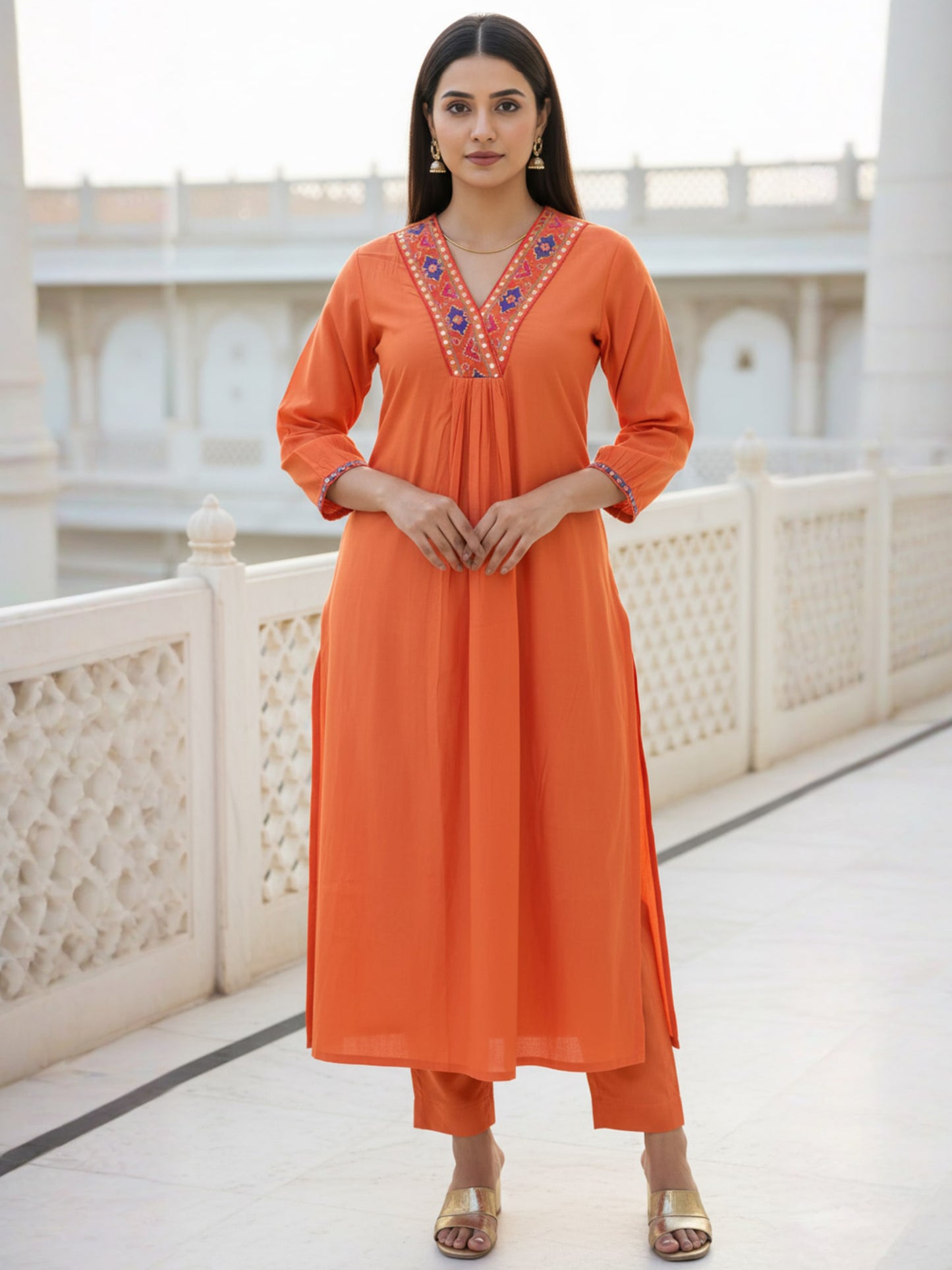 Orange Embroidered Straight Kurta Trousers Set
