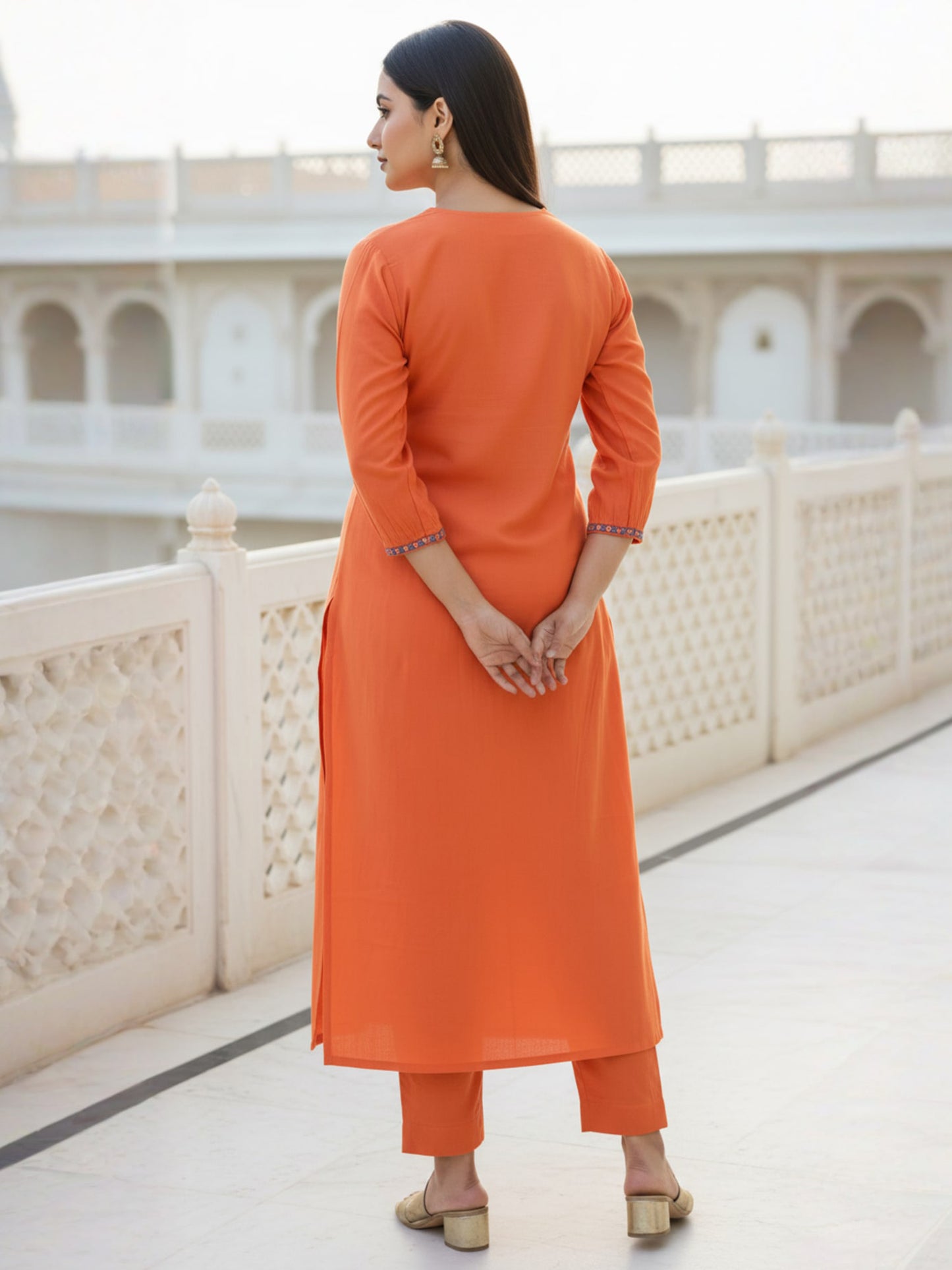 Orange Embroidered Straight Kurta Trousers Set