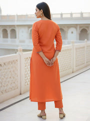 Indo Era Orange Embroidered Straight Kurta Trousers Set