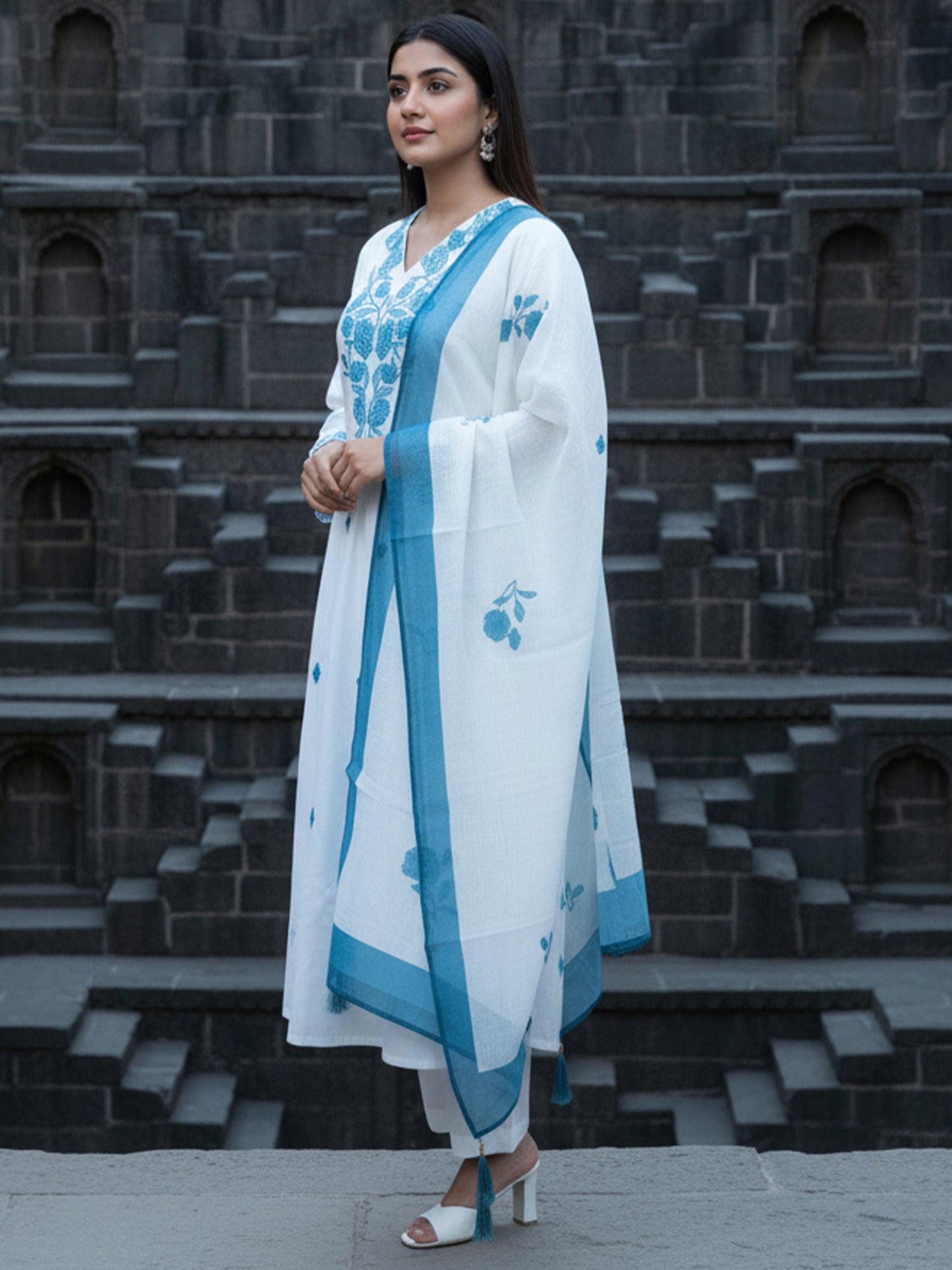 White Embroidered A-Line Kurta Trousers With Dupatta Set