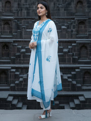 White Embroidered A-Line Kurta Trousers With Dupatta Set