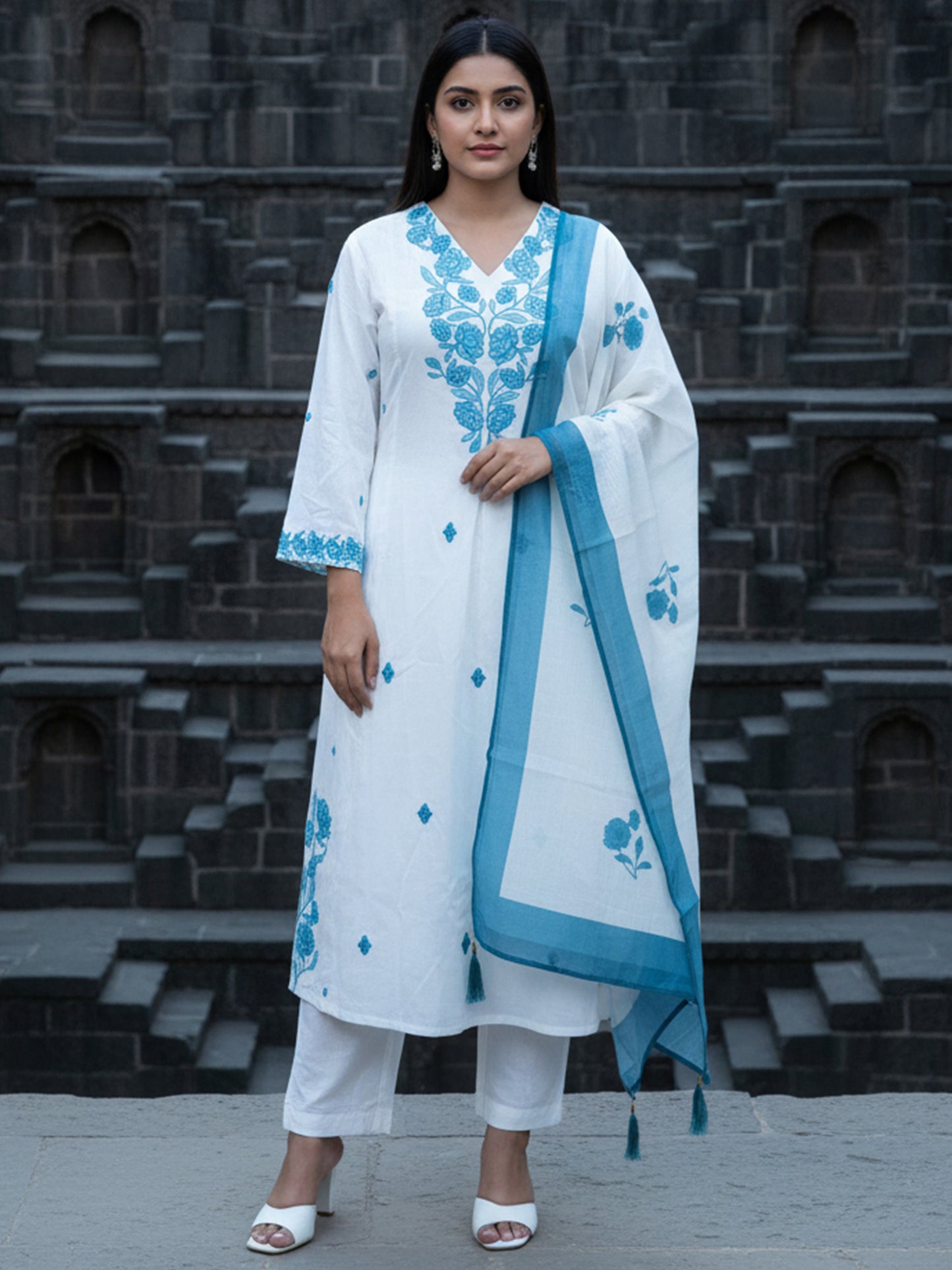 White Embroidered A-Line Kurta Trousers With Dupatta Set