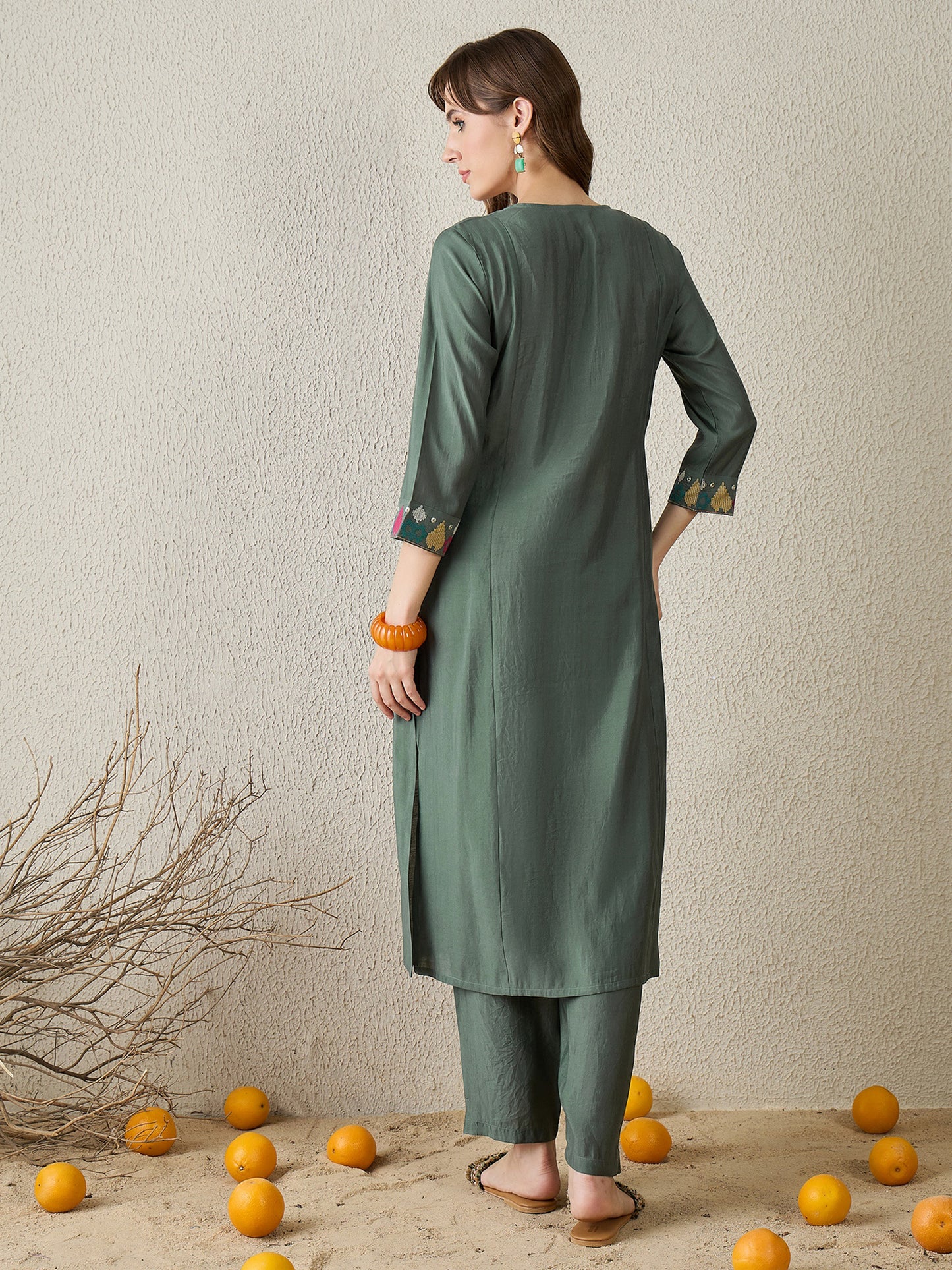 Grey Embroidered Straight Kurta Trousers Set
