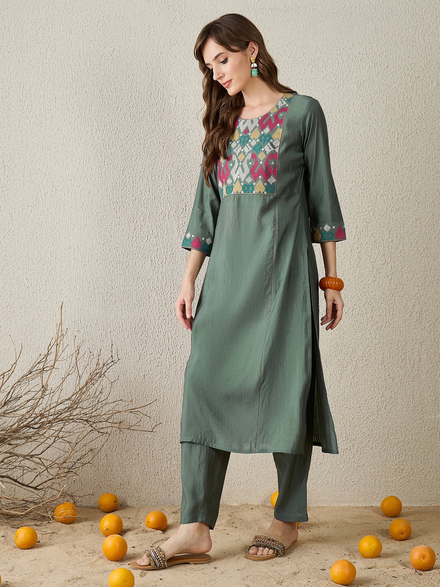 Grey Embroidered Straight Kurta Trousers Set