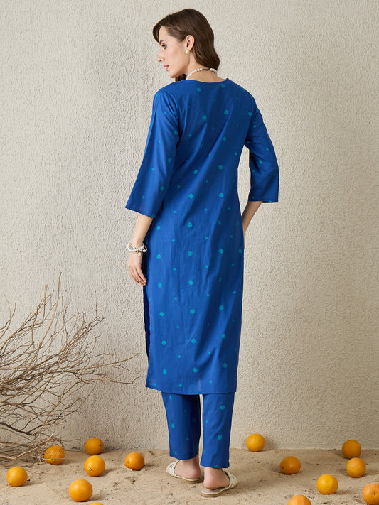 Indo Era Blue Printed Straight Kurta Trousers Set