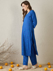 Indo Era Blue Printed Straight Kurta Trousers Set