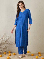 Indo Era Blue Printed Straight Kurta Trousers Set