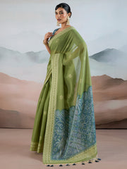 Women's Pure Cotton Green Woven Design DesignerSaree With Blouse Piece