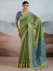 Women's Pure Cotton Green Woven Design DesignerSaree With Blouse Piece