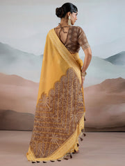 Women's Pure Cotton Mustard Woven Design DesignerSaree With Blouse Piece