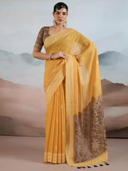 Women's Pure Cotton Mustard Woven Design DesignerSaree With Blouse Piece