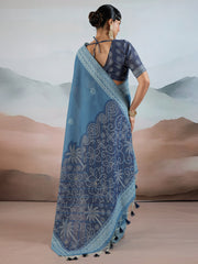 Women's Pure Cotton Blue Woven Design DesignerSaree With Blouse Piece