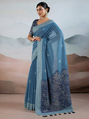 Women's Pure Cotton Blue Woven Design DesignerSaree With Blouse Piece