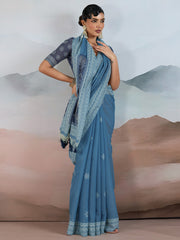 Women's Pure Cotton Blue Woven Design DesignerSaree With Blouse Piece