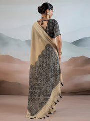 Women's Pure Cotton Beige Woven Design DesignerSaree With Blouse Piece