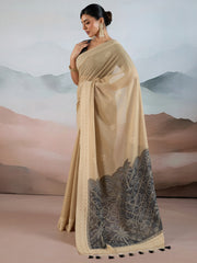 Women's Pure Cotton Beige Woven Design DesignerSaree With Blouse Piece