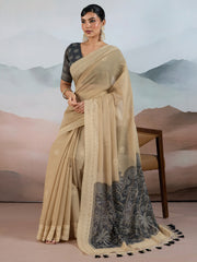 Women's Pure Cotton Beige Woven Design DesignerSaree With Blouse Piece