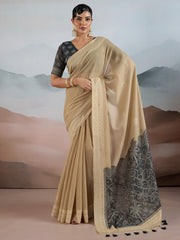 Women's Pure Cotton Beige Woven Design DesignerSaree With Blouse Piece