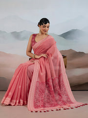Women's Pure Cotton Pink Woven Design DesignerSaree With Blouse Piece