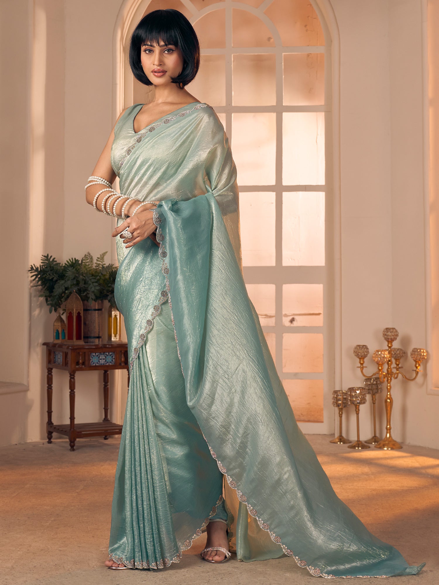 Women's Pure Silk Aqua Blue Embellished DesignerSaree With Blouse Piece