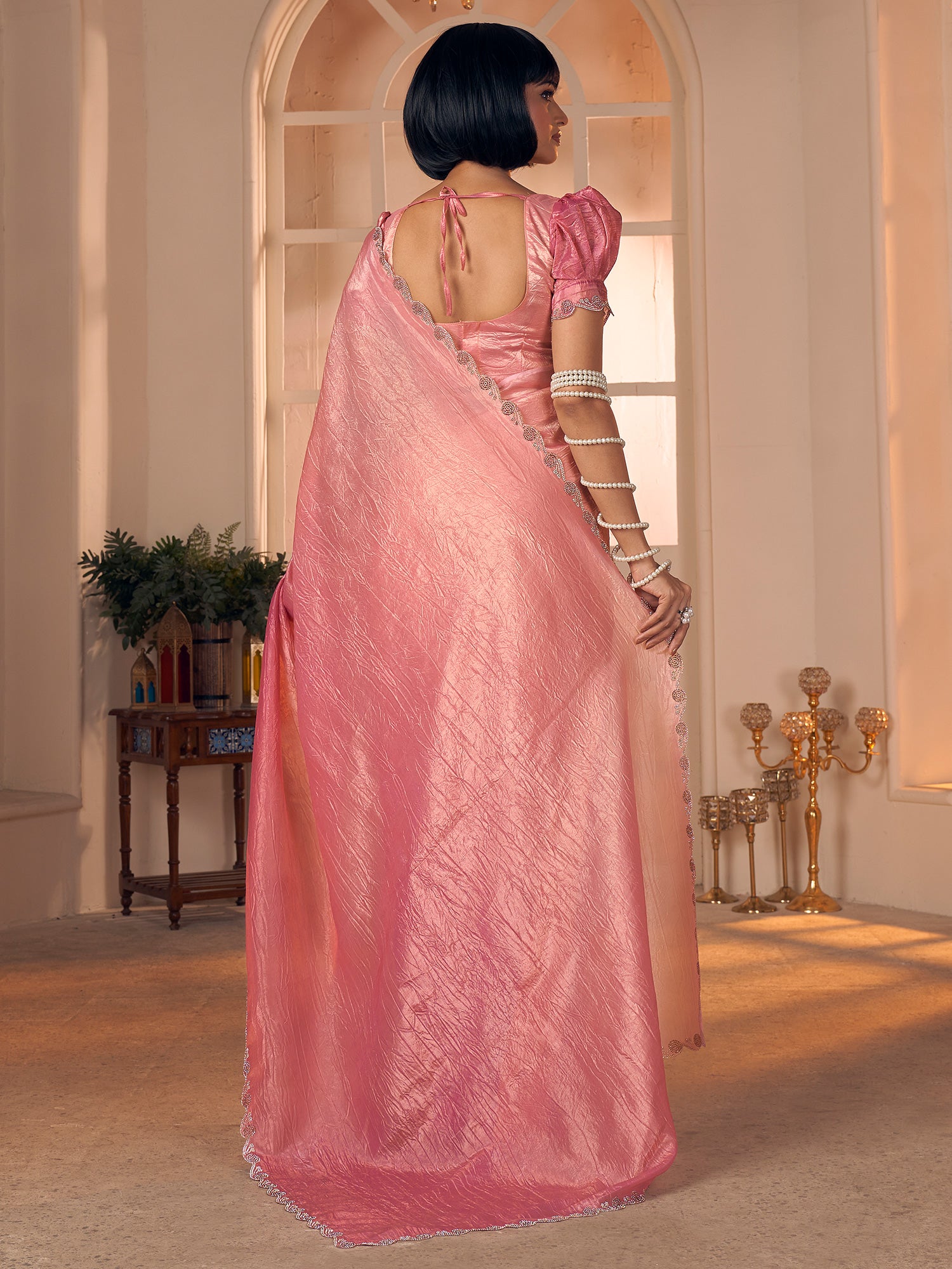 Women's Pure Silk Pink Embellished DesignerSaree With Blouse Piece