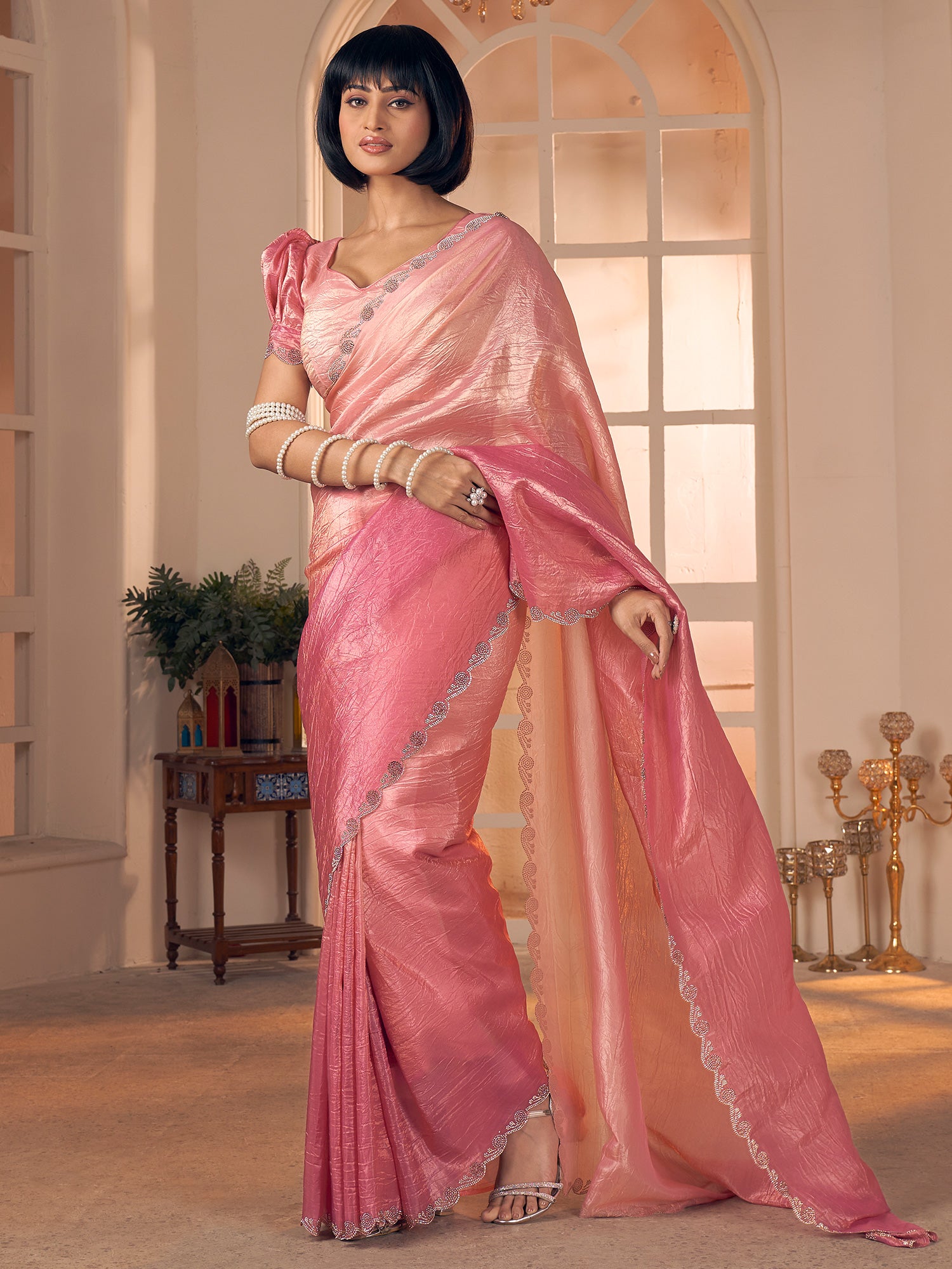Women's Pure Silk Pink Embellished DesignerSaree With Blouse Piece