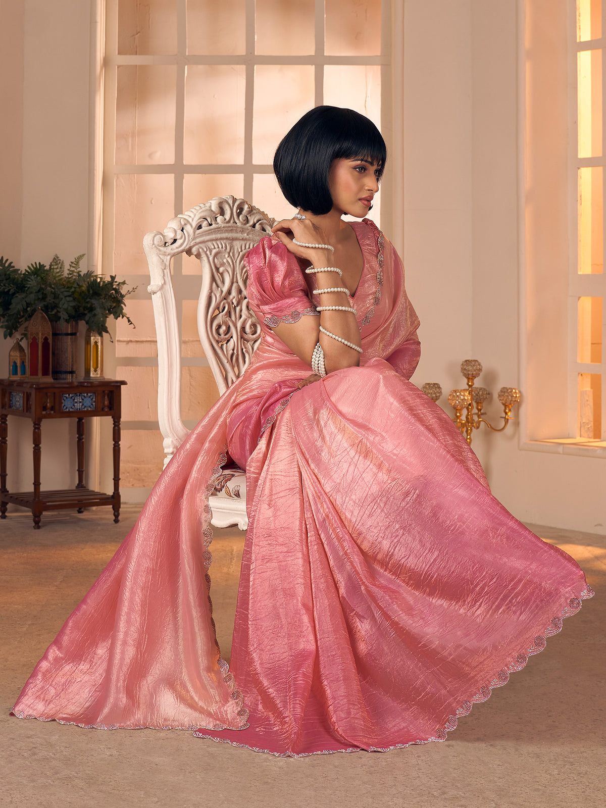 Women's Pure Silk Pink Embellished DesignerSaree With Blouse Piece