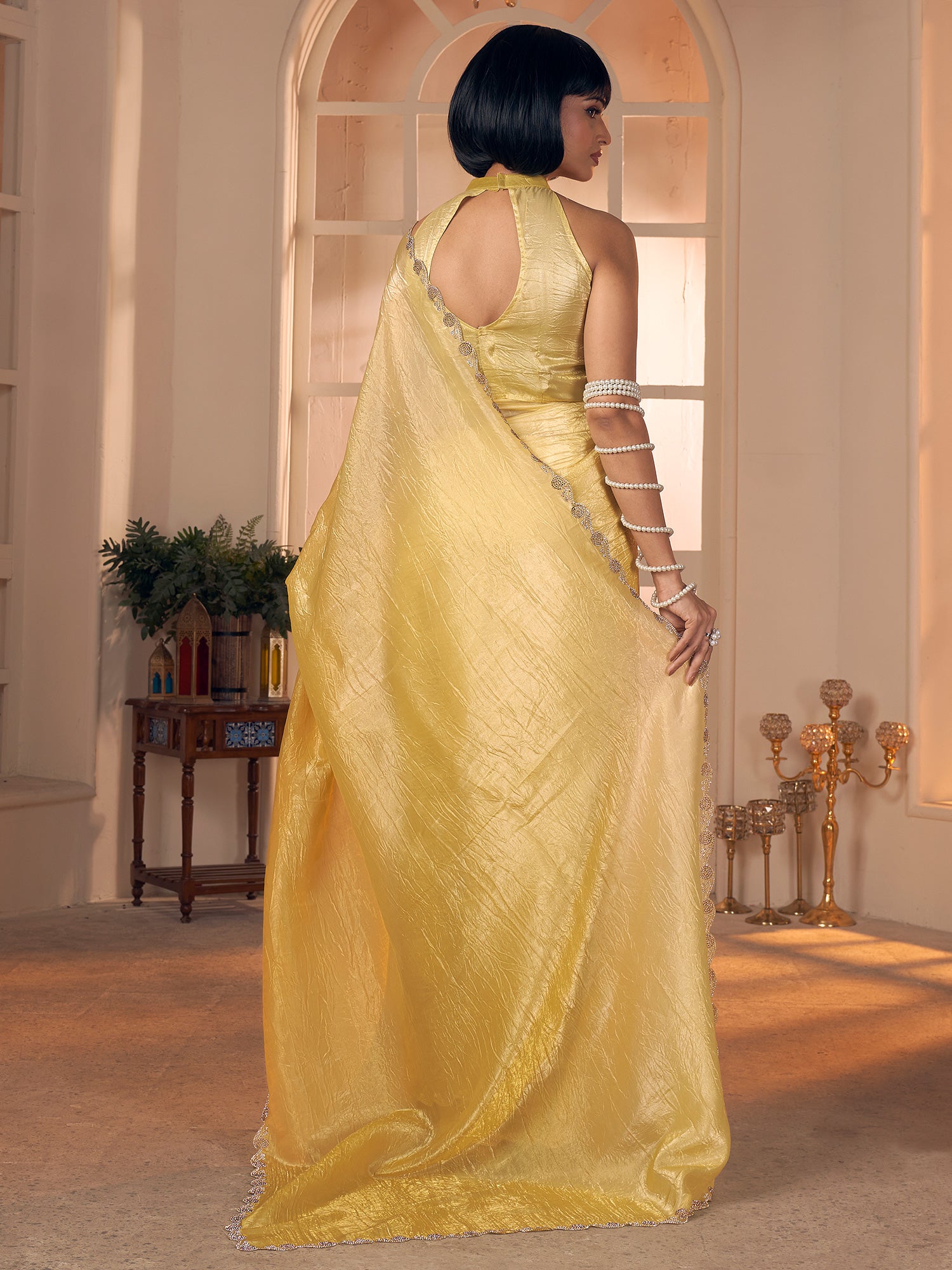 Women's Pure Silk Mustard Embellished DesignerSaree With Blouse Piece