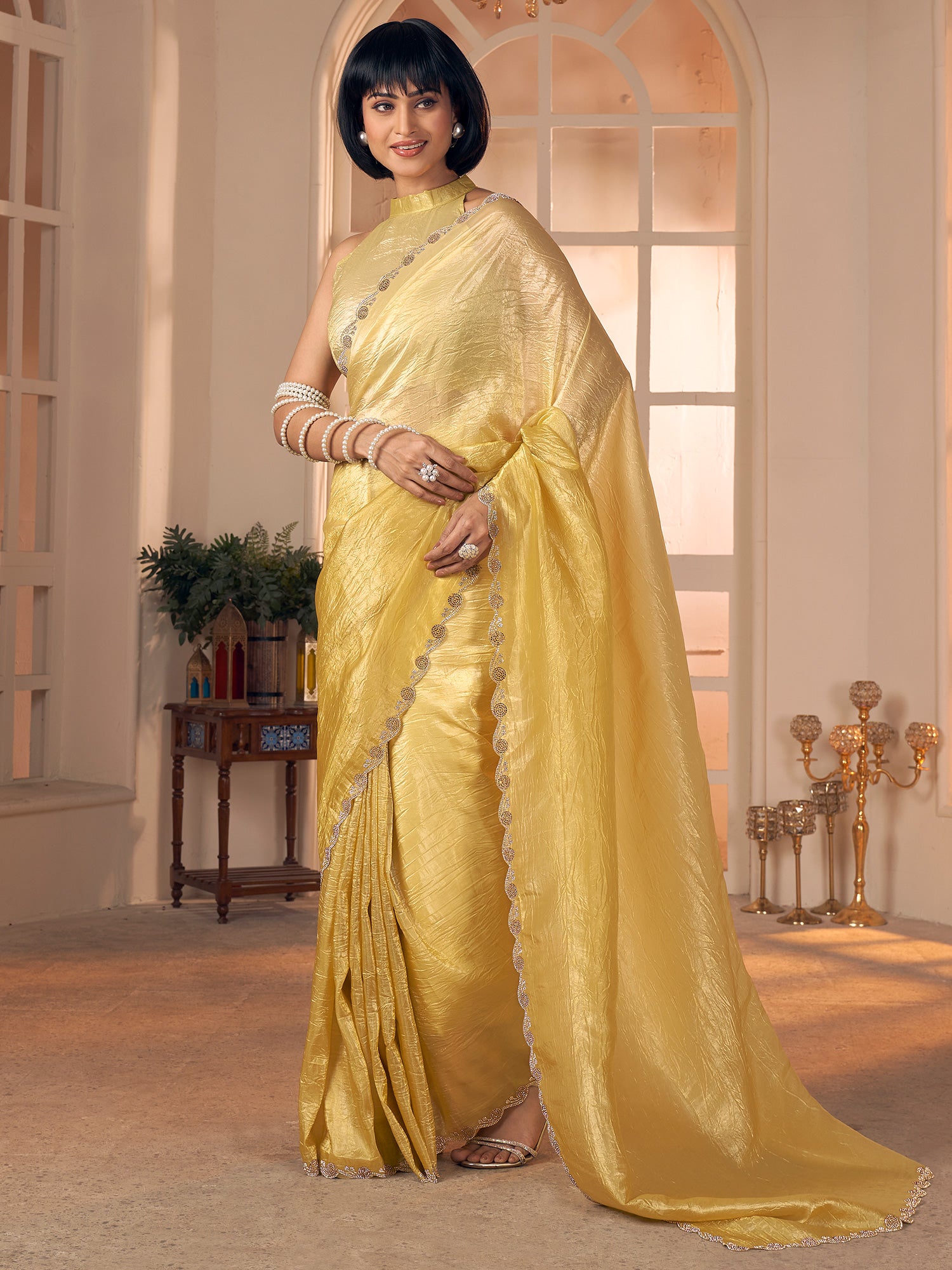 Women's Pure Silk Mustard Embellished DesignerSaree With Blouse Piece