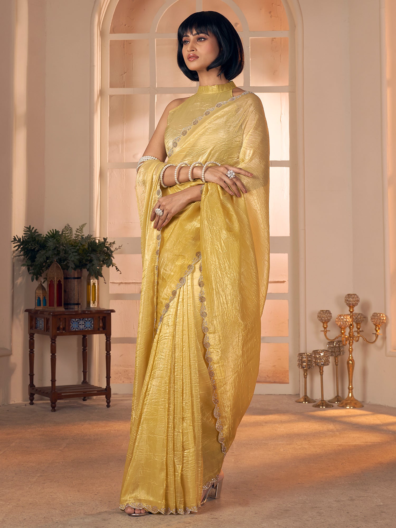Women's Pure Silk Mustard Embellished DesignerSaree With Blouse Piece