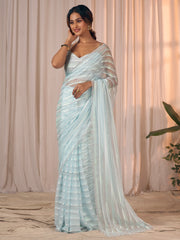 Women's Georgette Light Blue Embellished DesignerSaree With Blouse Piece