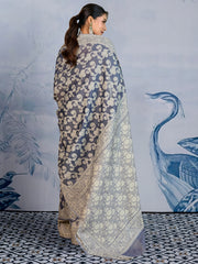 Women's Chanderi Cotton Charcoal Grey Woven Design DesignerSaree With Blouse Piece