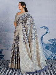 Women's Chanderi Cotton Charcoal Grey Woven Design DesignerSaree With Blouse Piece