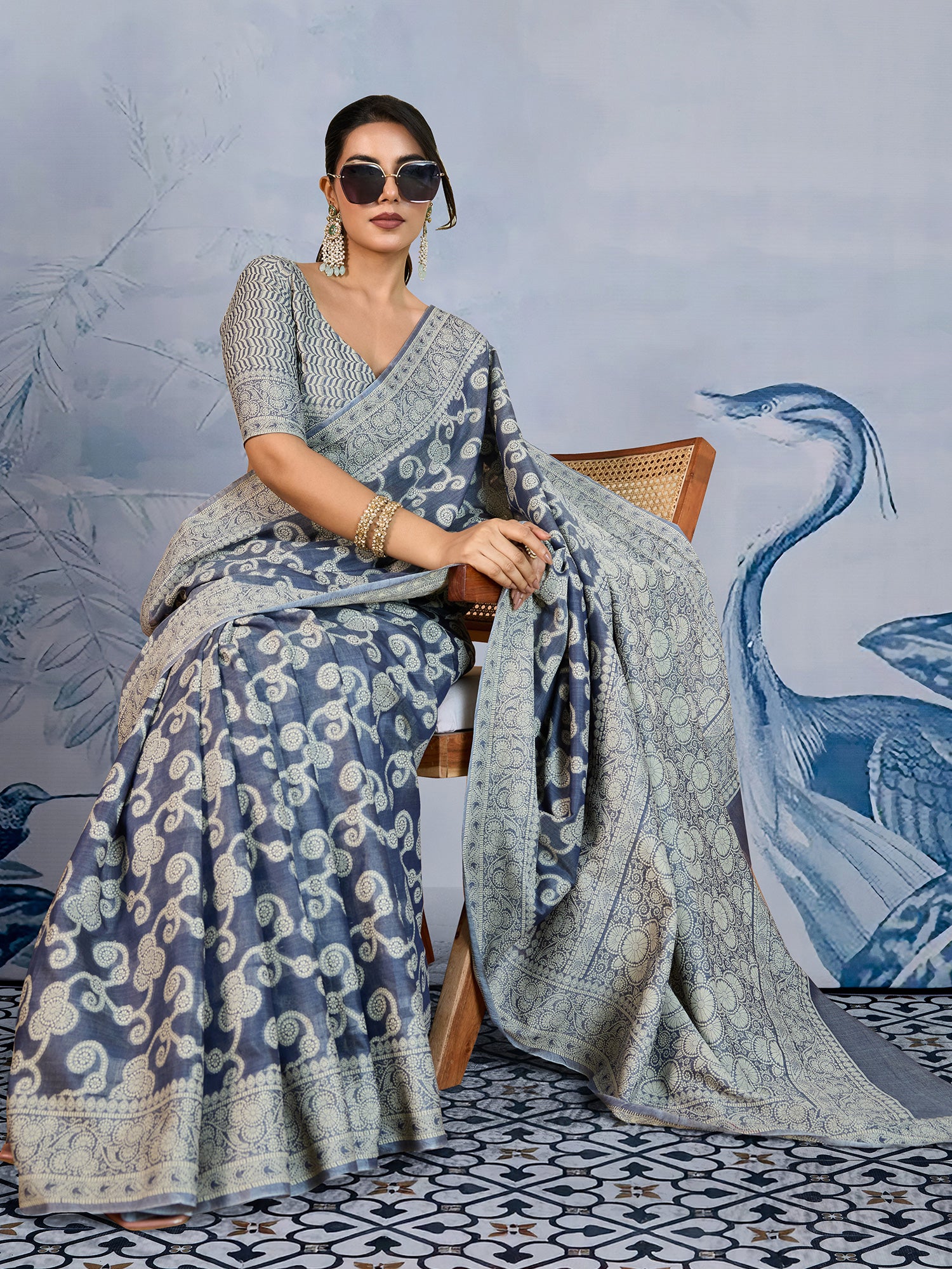 Women's Chanderi Cotton Charcoal Grey Woven Design DesignerSaree With Blouse Piece