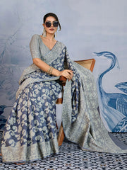 Women's Chanderi Cotton Charcoal Grey Woven Design DesignerSaree With Blouse Piece