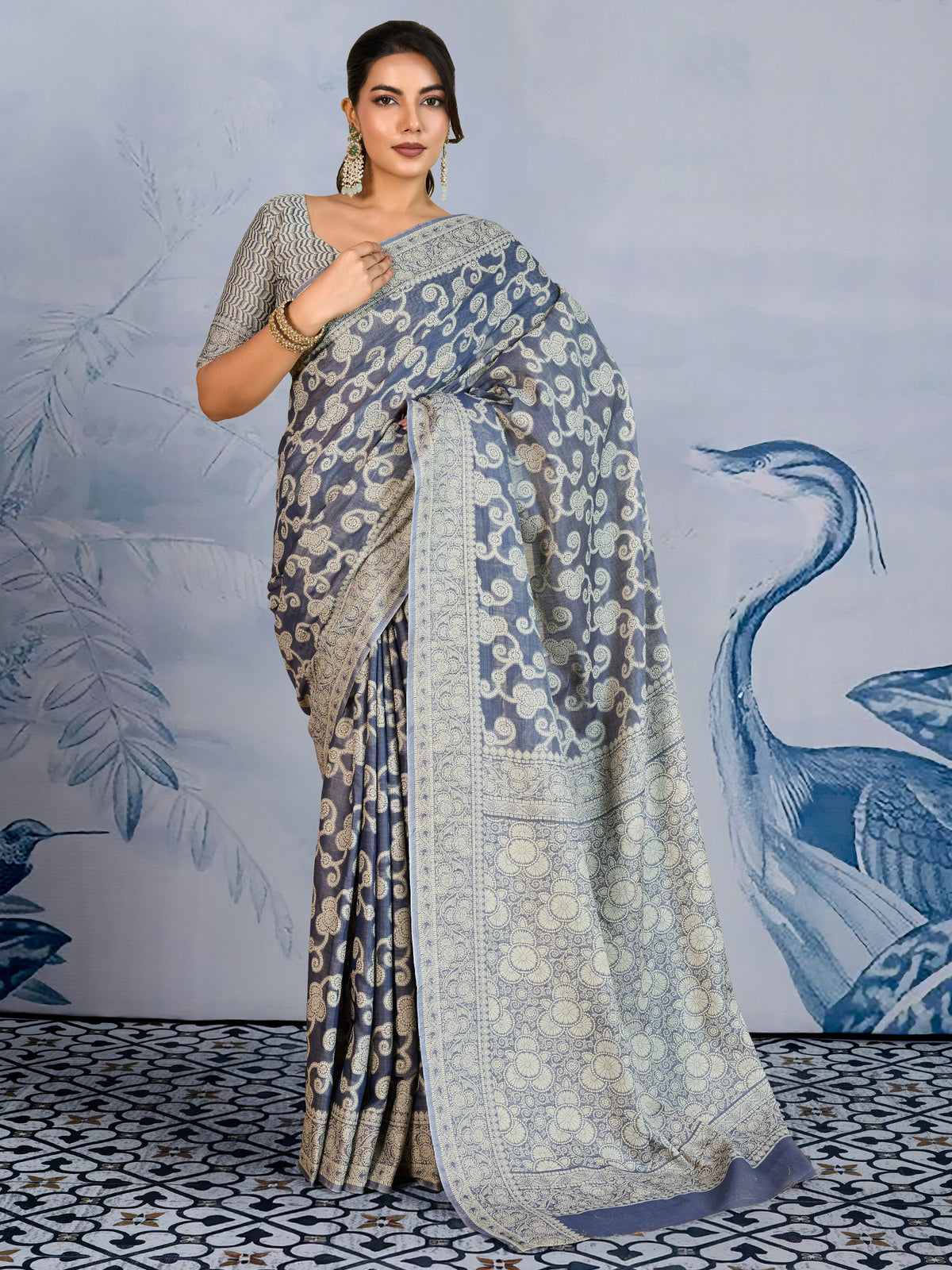 Women's Chanderi Cotton Charcoal Grey Woven Design DesignerSaree With Blouse Piece