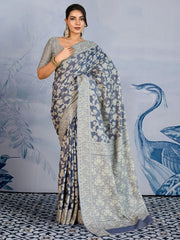 Women's Chanderi Cotton Charcoal Grey Woven Design DesignerSaree With Blouse Piece